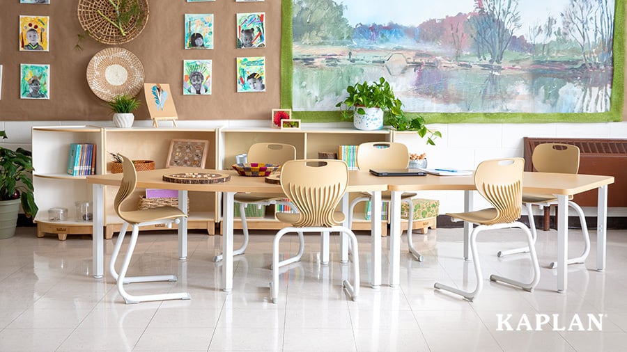 A view of an early elementary classroom featuring the Sense of Place for Elementary furniture