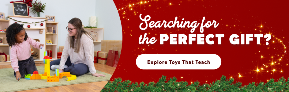 Searching for the perfect gift? Explore toys that teach. Image of mom and daughter playing with toy.
