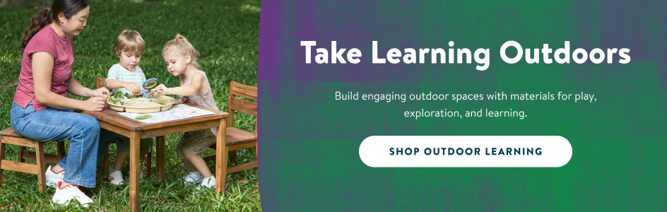 Take Learning Outdoors! Build engaging outdoor spaces with materials for play, exploration, and learning. Shop Outdoor Learning! Image of children and teacher learning in outdoor space.