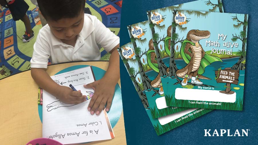 You young child sits at a table in an early childhood classroom, an alive Journal is in front of him, open to a page with an alligator and the letter "A". The boy is using a blue crayon to color the alligator's tail. 