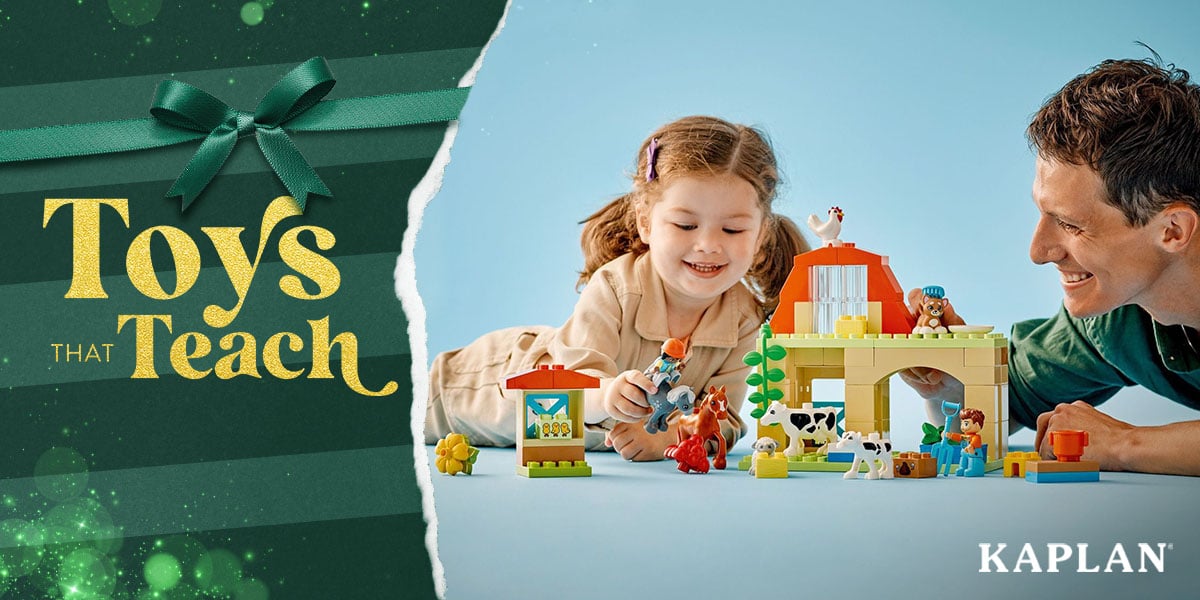 Featured image: An image of a young child and adult male smiling as they play with a set of On the Farm LEGO blocks. To the left of this image is text that says 