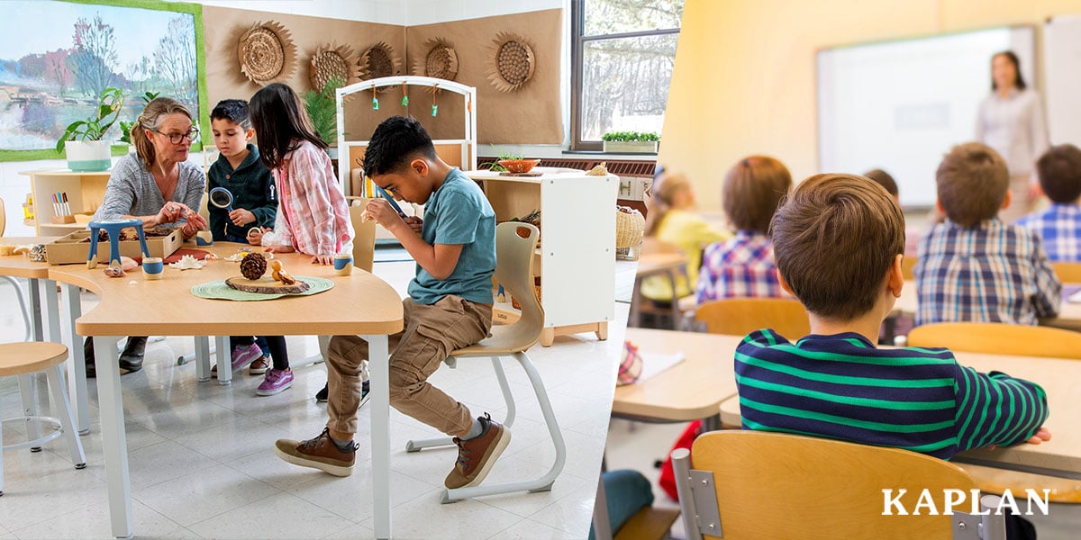 Featured image: A side-by-side image of two early elementary classrooms. The classroom on the left side of the picture shows a teacher sitting at a curved collaboration table with multiple students. The picture on the right side shows children sitting at individual desks facing a teacher at the front of the classroom.  - Read full post: How Is Your Early Elementary Classroom Design Impacting Learning Outcomes?