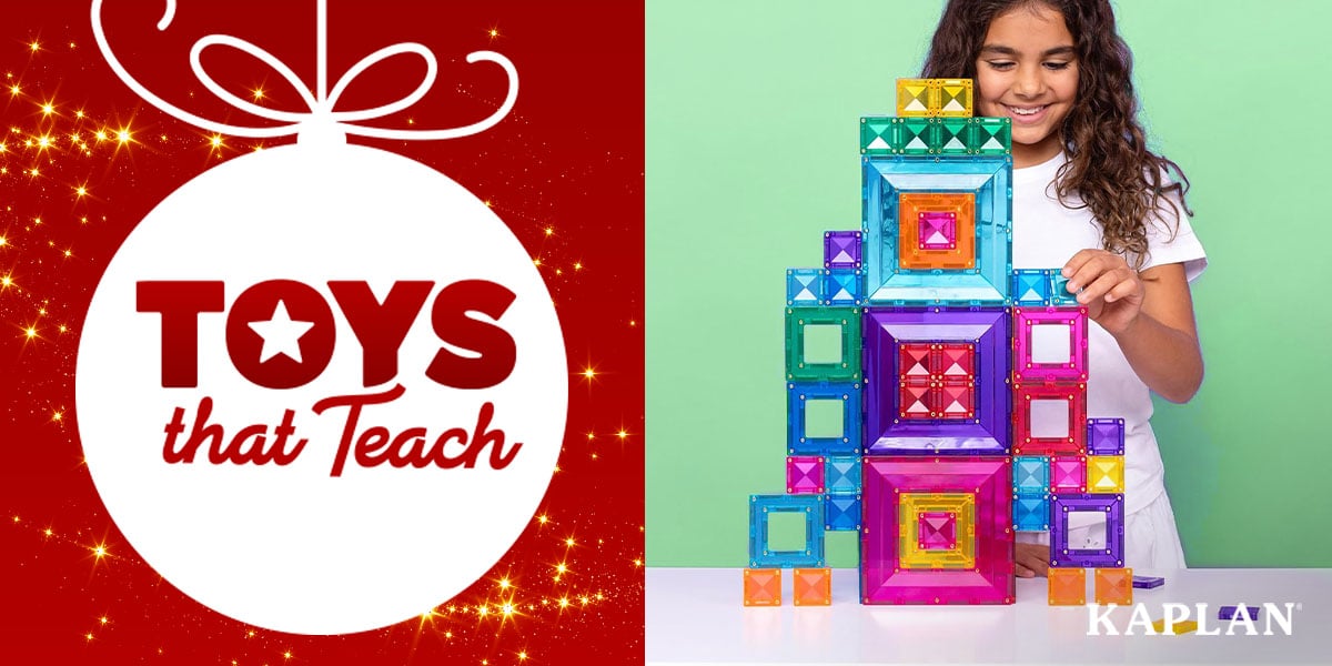 Featured image: “Toys that Teach” graphic beside a child building a tower of colorful magnetic tiles - Read full post: The Best Educational Toys for School-Age Children (2026 Gift Guide)